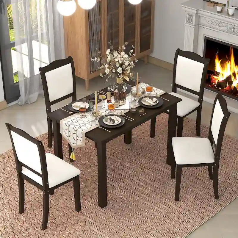Ensemble de salle à manger 5 pièces en bois de style simple, table rectangulaire et chaises rembourrées pour petits espaces