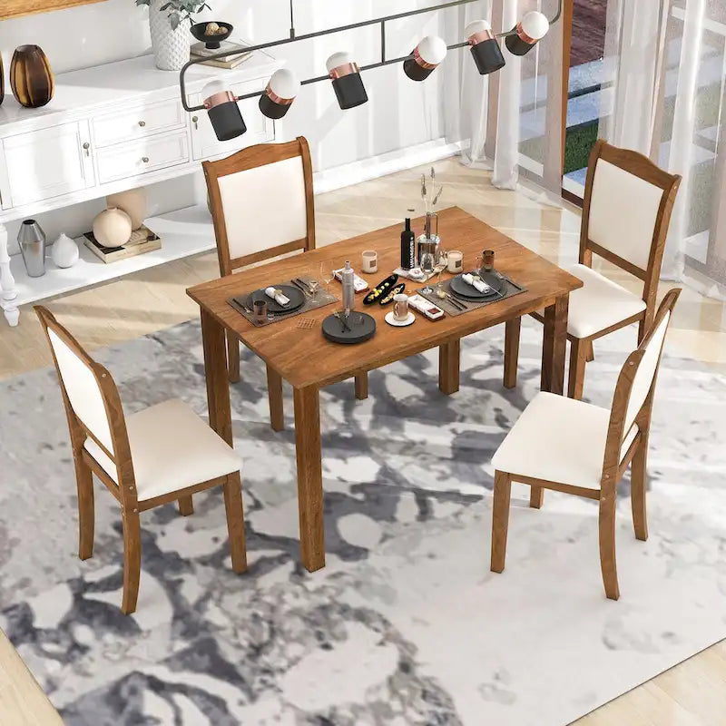 Ensemble de salle à manger 5 pièces en bois de style simple, table rectangulaire et chaises rembourrées pour petits espaces