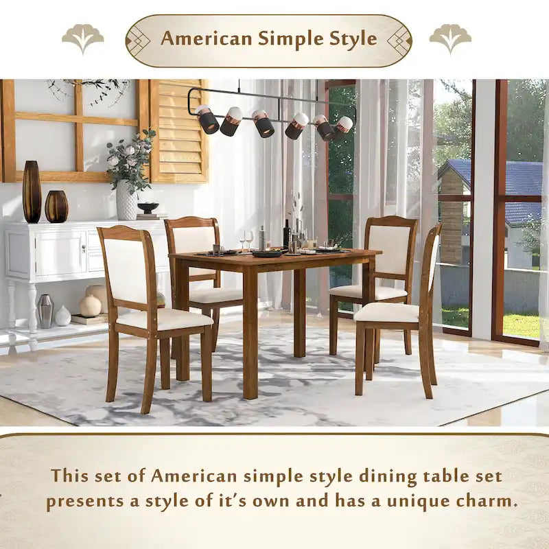 Ensemble de salle à manger 5 pièces en bois de style simple, table rectangulaire et chaises rembourrées pour petits espaces