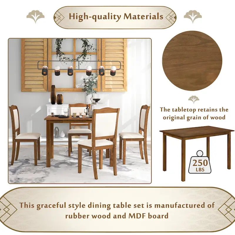 Ensemble de salle à manger 5 pièces en bois de style simple, table rectangulaire et chaises rembourrées pour petits espaces