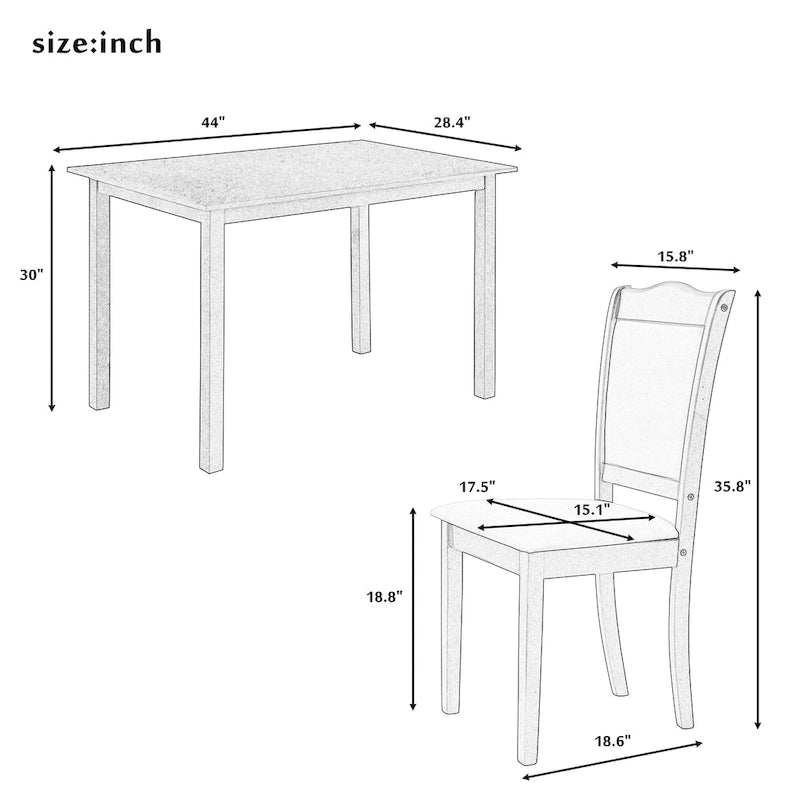 Ensemble de salle à manger 5 pièces en bois de style simple, table rectangulaire et chaises rembourrées pour petits espaces
