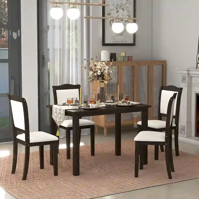 Ensemble de salle à manger 5 pièces en bois de style simple, table rectangulaire et chaises rembourrées pour petits espaces