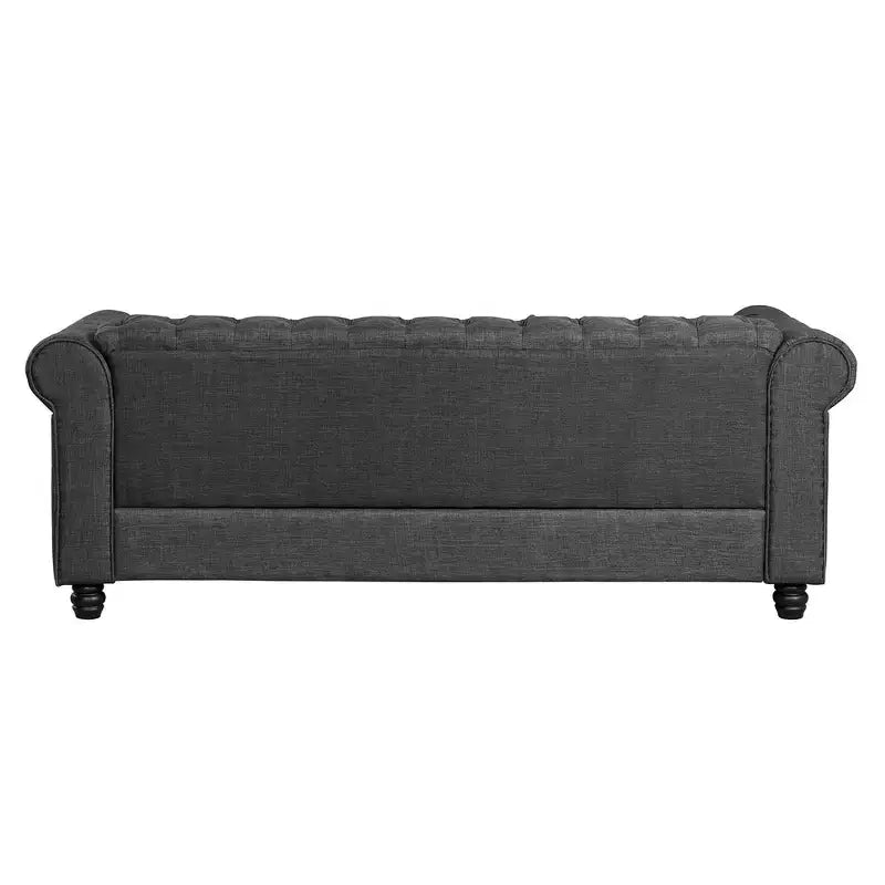 Canapé Chesterfield en lin avec boutons touffetés, clous décoratifs et pieds en bois massif pour salon - Morden Fort