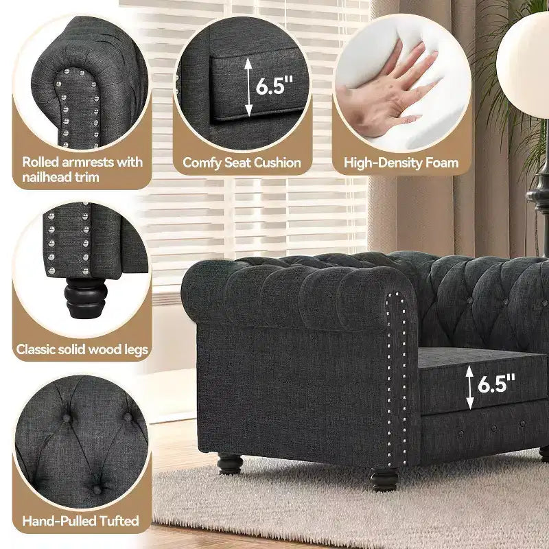 Canapé Chesterfield en lin avec boutons touffetés, clous décoratifs et pieds en bois massif pour salon - Morden Fort