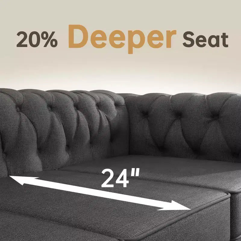 Canapé Chesterfield en lin avec boutons touffetés, clous décoratifs et pieds en bois massif pour salon - Morden Fort
