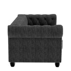 Canapé Chesterfield en lin avec boutons touffetés, clous décoratifs et pieds en bois massif pour salon - Morden Fort