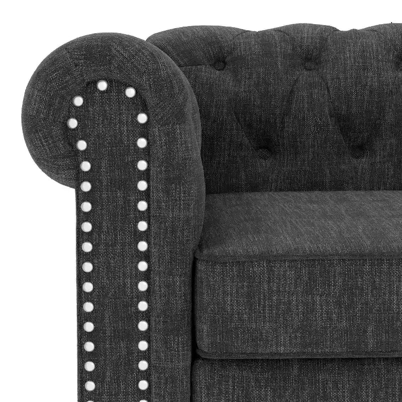 Canapé Chesterfield en lin avec boutons touffetés, clous décoratifs et pieds en bois massif pour salon - Morden Fort