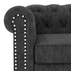 Canapé Chesterfield en lin avec boutons touffetés, clous décoratifs et pieds en bois massif pour salon - Morden Fort