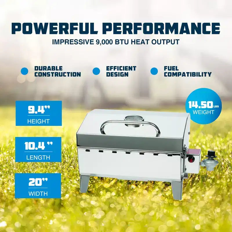 Barbecue au propane portable Camco Grill-Stow N Go 125 avec allumeur à bouton-poussoir, thermomètre et sac de rangement pour VR, hayon arrière et camping