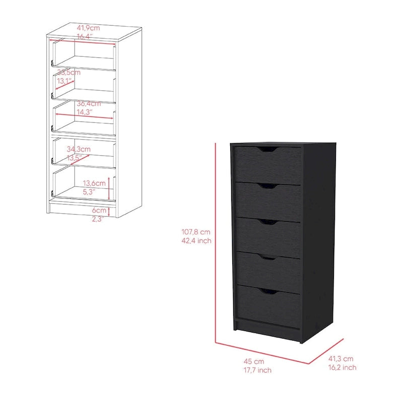 Basilea Narrow Dresser with 5 Drawers, White