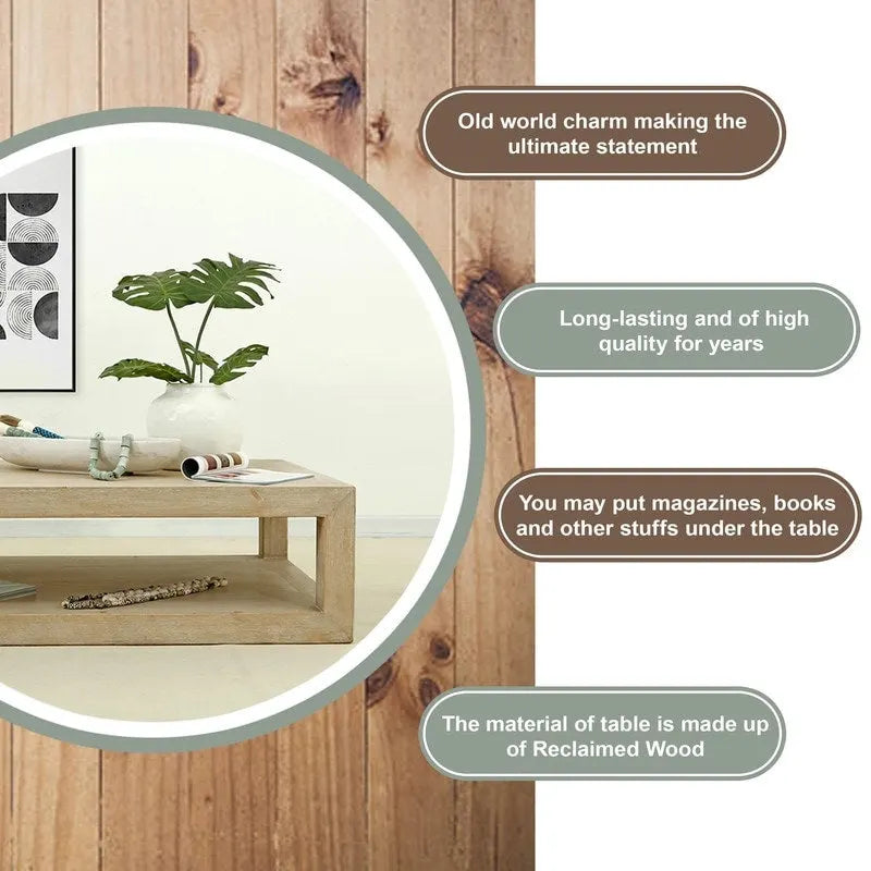 Artissance 39.4L Square Weathered White Washed Wood Indoor Peking Grand Framed Coffee Table