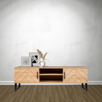 Natural Wood TV Stand with 2 Drawers and Storage Cubbies