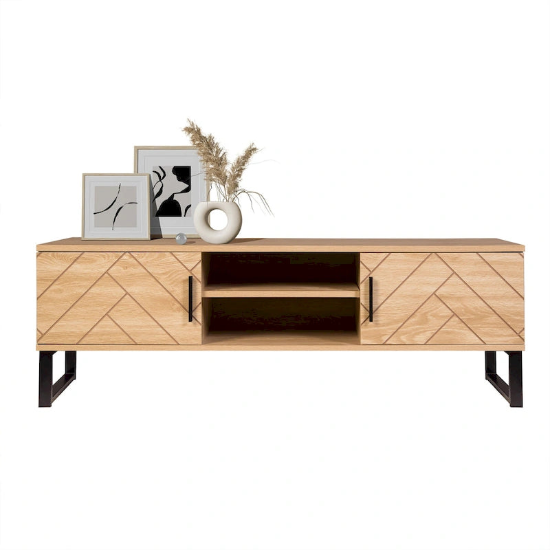 Natural Wood TV Stand with 2 Drawers and Storage Cubbies
