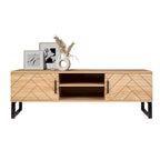 Natural Wood TV Stand with 2 Drawers and Storage Cubbies