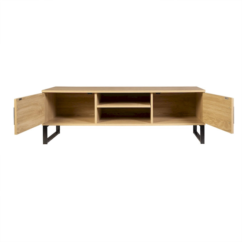 Natural Wood TV Stand with 2 Drawers and Storage Cubbies