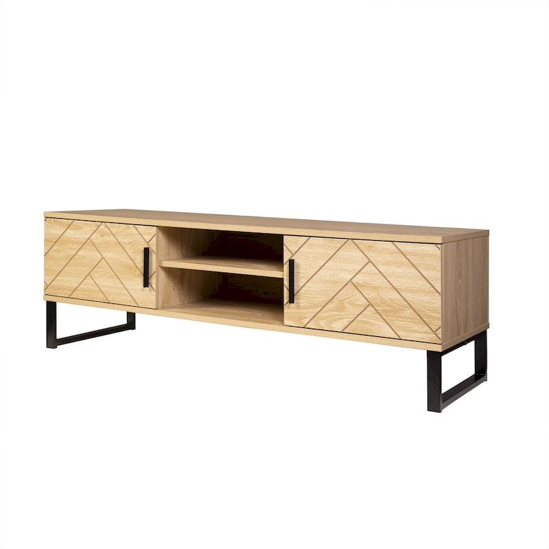 Natural Wood TV Stand with 2 Drawers and Storage Cubbies