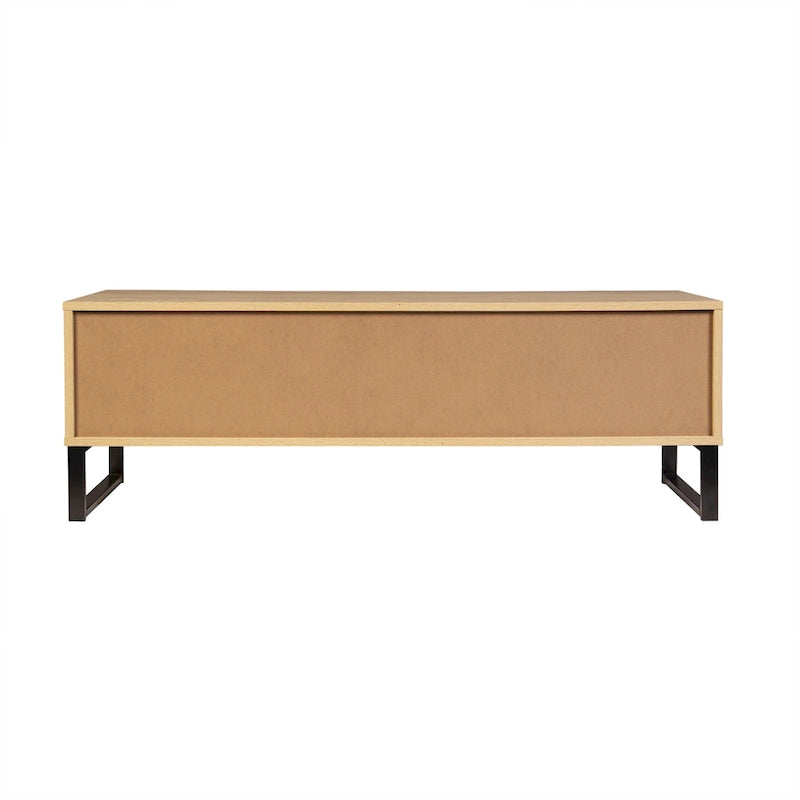 Natural Wood TV Stand with 2 Drawers and Storage Cubbies
