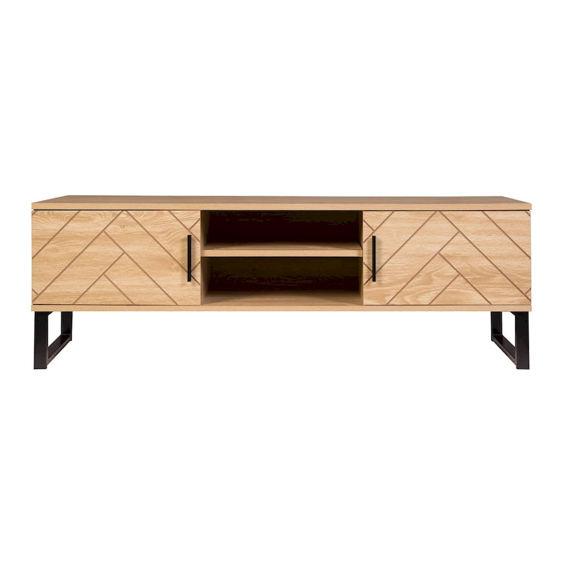 Natural Wood TV Stand with 2 Drawers and Storage Cubbies