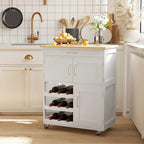 Îlot de cuisine sur roulettes, chariot de cuisine roulant avec tiroir, casier à vin 9 bouteilles, placards de rangement, plan de travail en bois