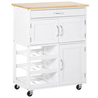 Îlot de cuisine sur roulettes, chariot de cuisine roulant avec tiroir, casier à vin 9 bouteilles, placards de rangement, plan de travail en bois