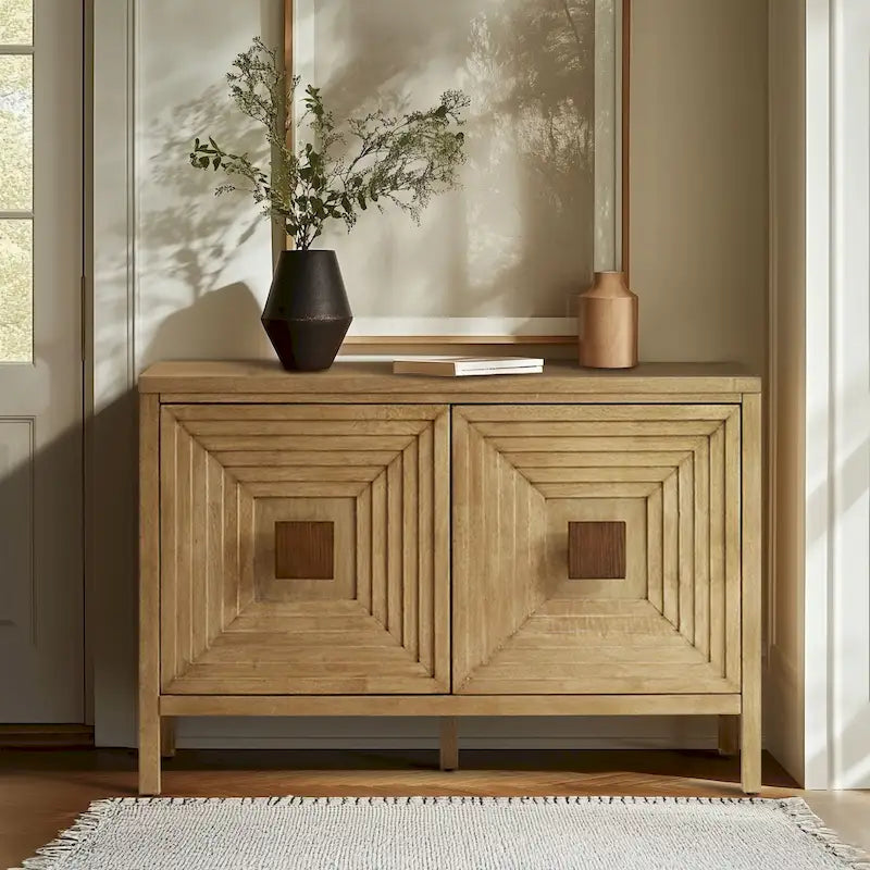 Meuble de rangement 2 portes en bois naturel géométrique avec étagères réglables