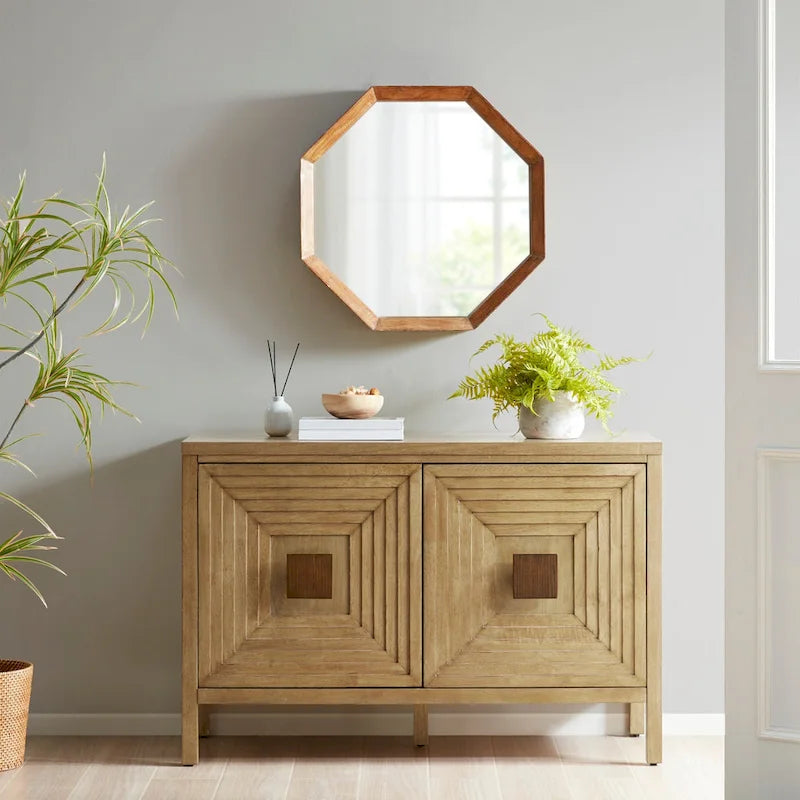 Meuble de rangement 2 portes en bois naturel géométrique avec étagères réglables