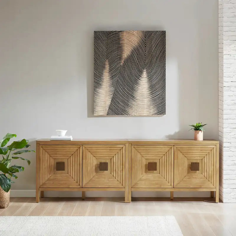 Meuble de rangement 2 portes en bois naturel géométrique avec étagères réglables