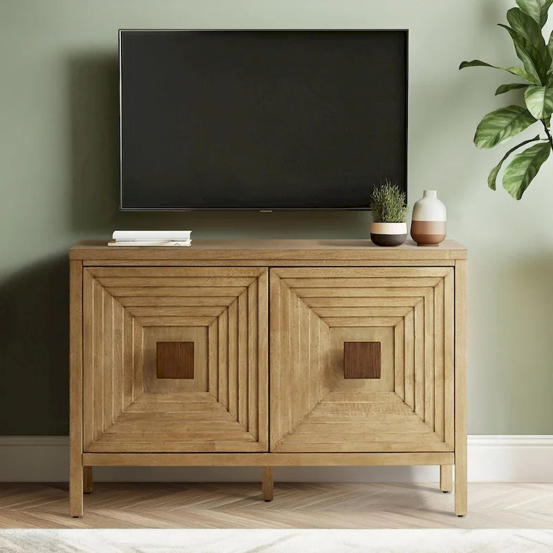 Meuble de rangement 2 portes en bois naturel géométrique avec étagères réglables