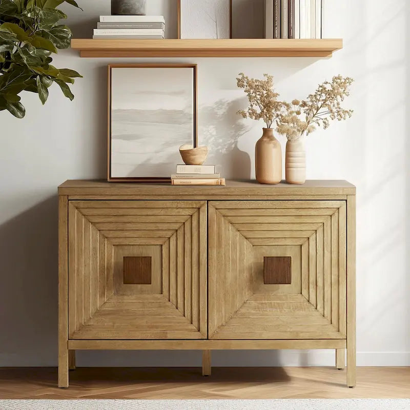 Meuble de rangement 2 portes en bois naturel géométrique avec étagères réglables