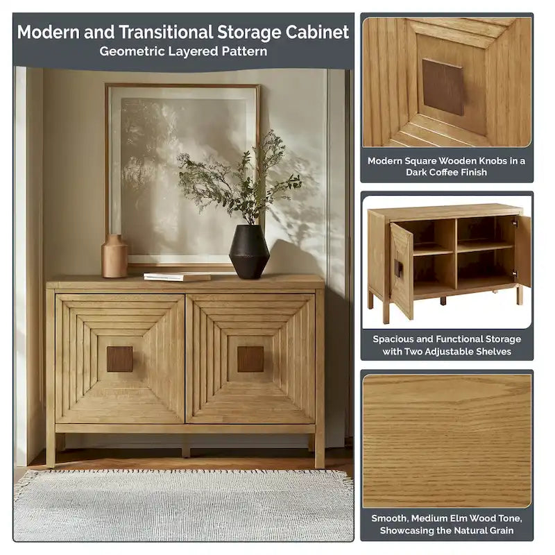 Meuble de rangement 2 portes en bois naturel géométrique avec étagères réglables