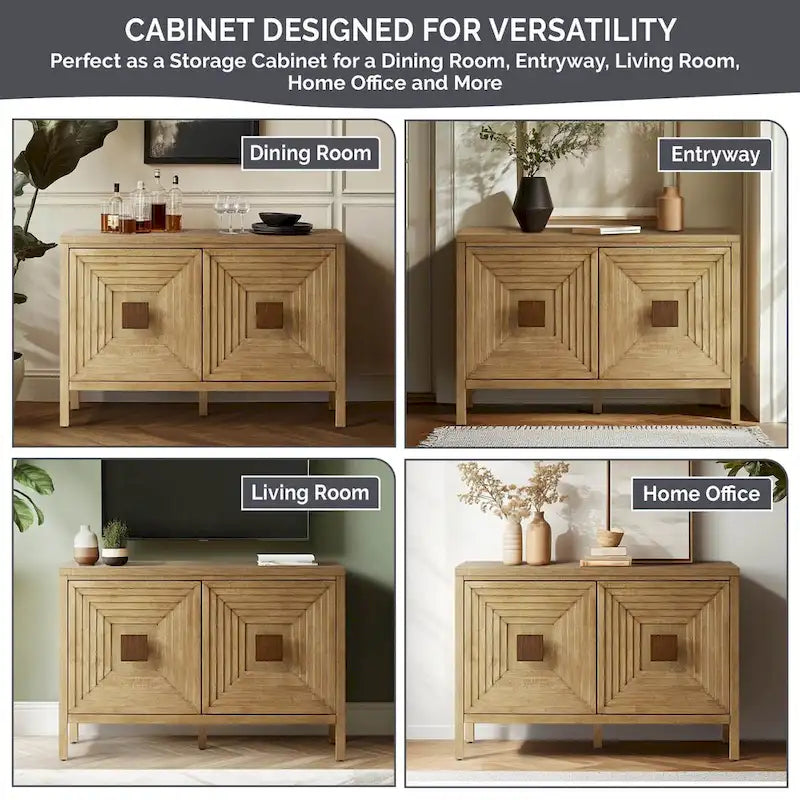 Meuble de rangement 2 portes en bois naturel géométrique avec étagères réglables
