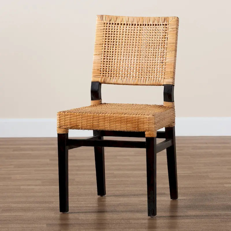 Chaise de salle à manger Lesia en rotin marron naturel et bois d'acajou marron expresso, style bohème moderne