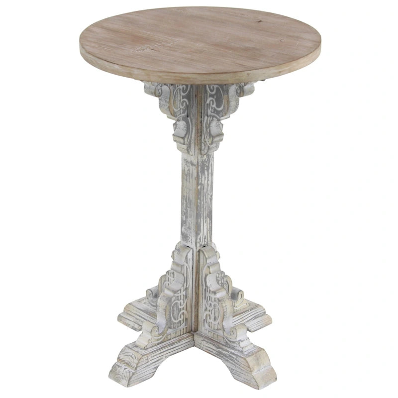 Wood Scroll Intricately Carved Accent or End Table with Brown Wood Top - Gray, White, Cream - Roche River Decor