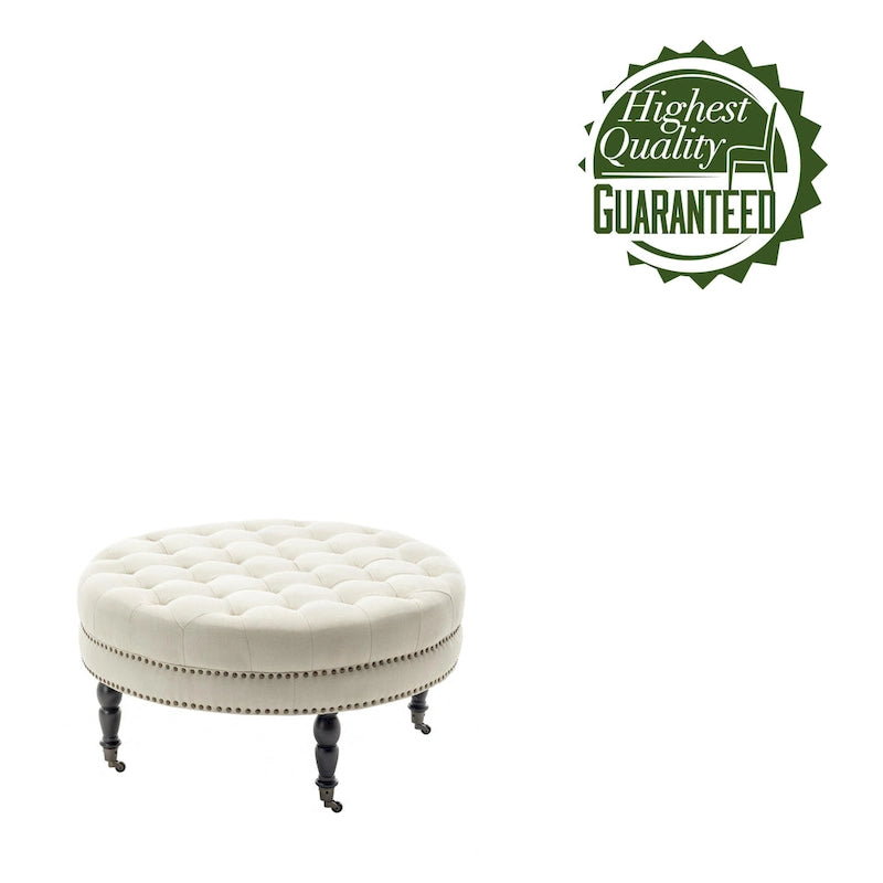 Porthos Home Indy Fabric Round Cocktail Ottoman with Rubberwood Legs and Wheels