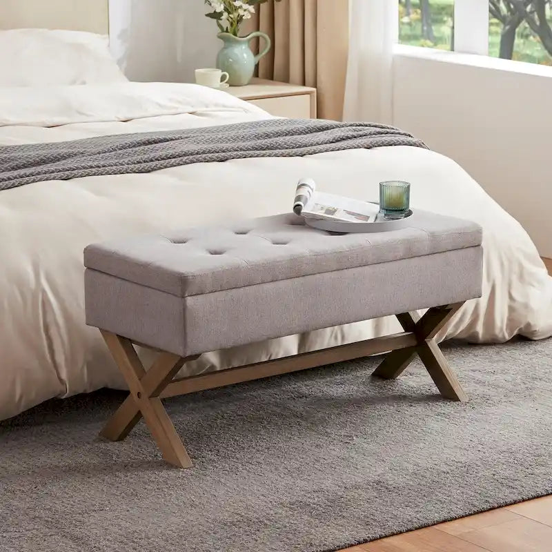 Upholstered Storage Bench with X-Shaped Legs - 36 Inch