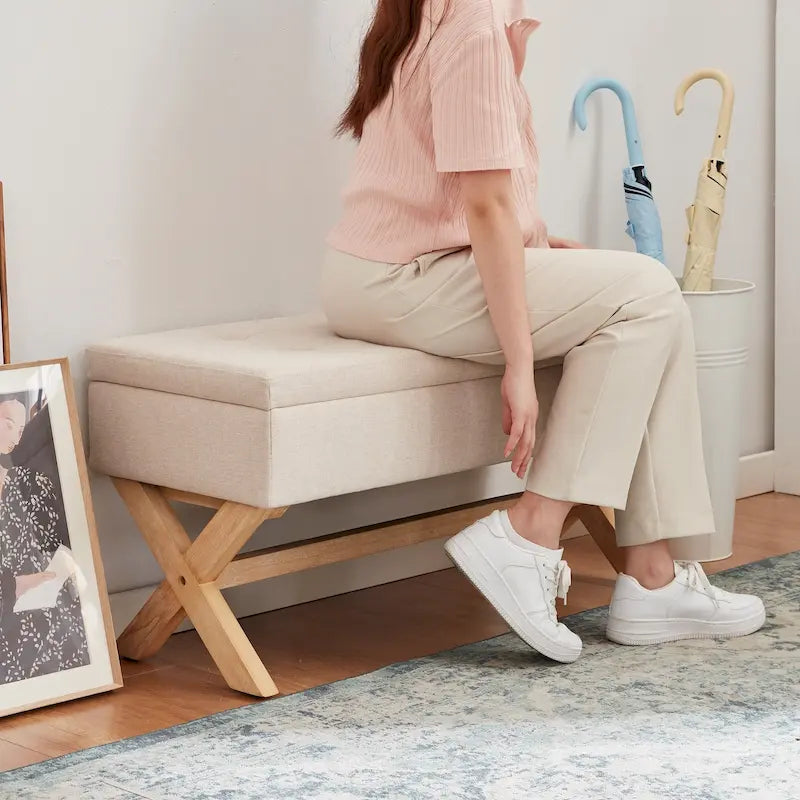 Banc de rangement rembourré avec pieds en X - 91 cm