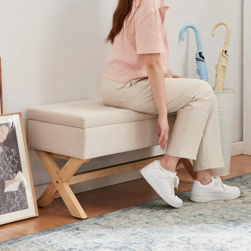 Upholstered Storage Bench with X-Shaped Legs - 36 Inch