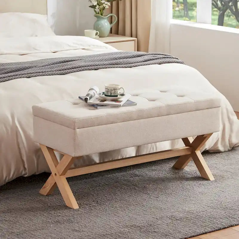 Upholstered Storage Bench with X-Shaped Legs - 36 Inch
