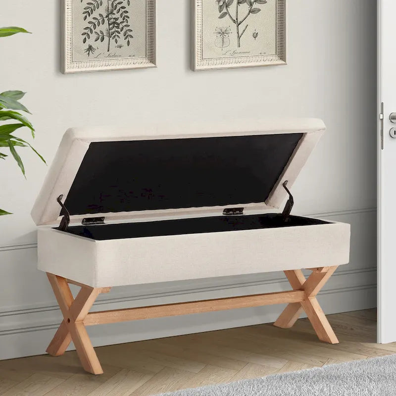 Upholstered Storage Bench with X-Shaped Legs - 36 Inch