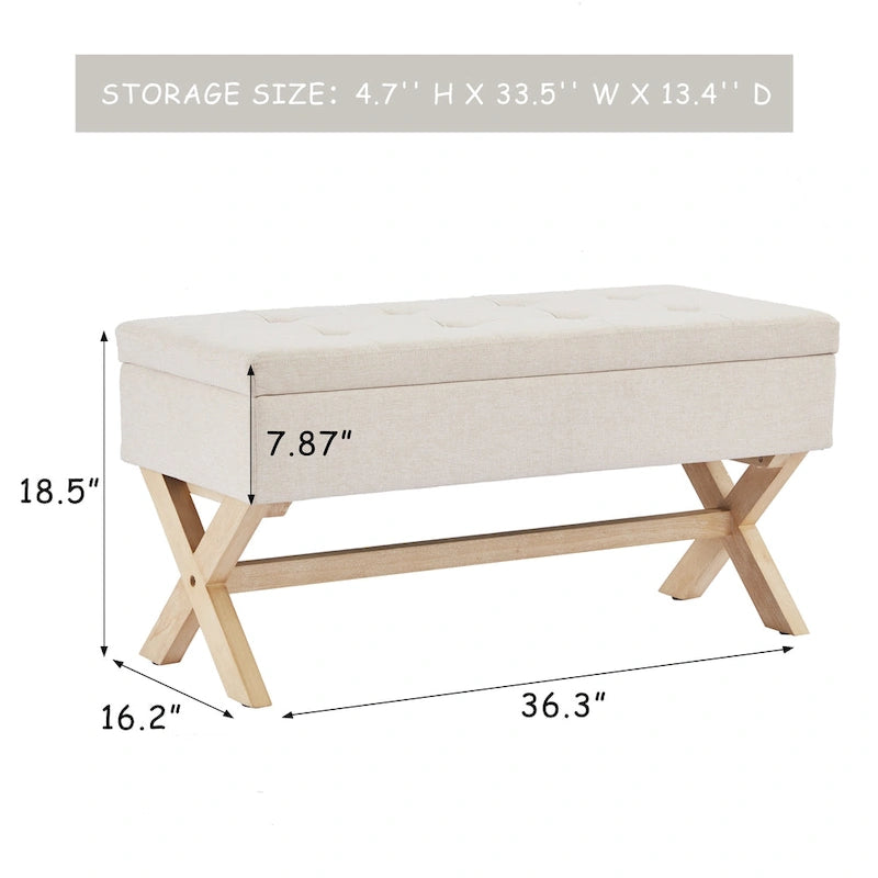 Upholstered Storage Bench with X-Shaped Legs - 36 Inch