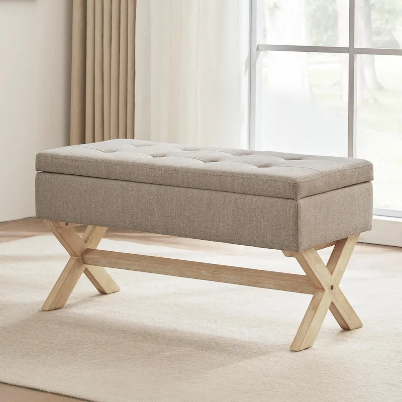 Upholstered Storage Bench with X-Shaped Legs - 36 Inch