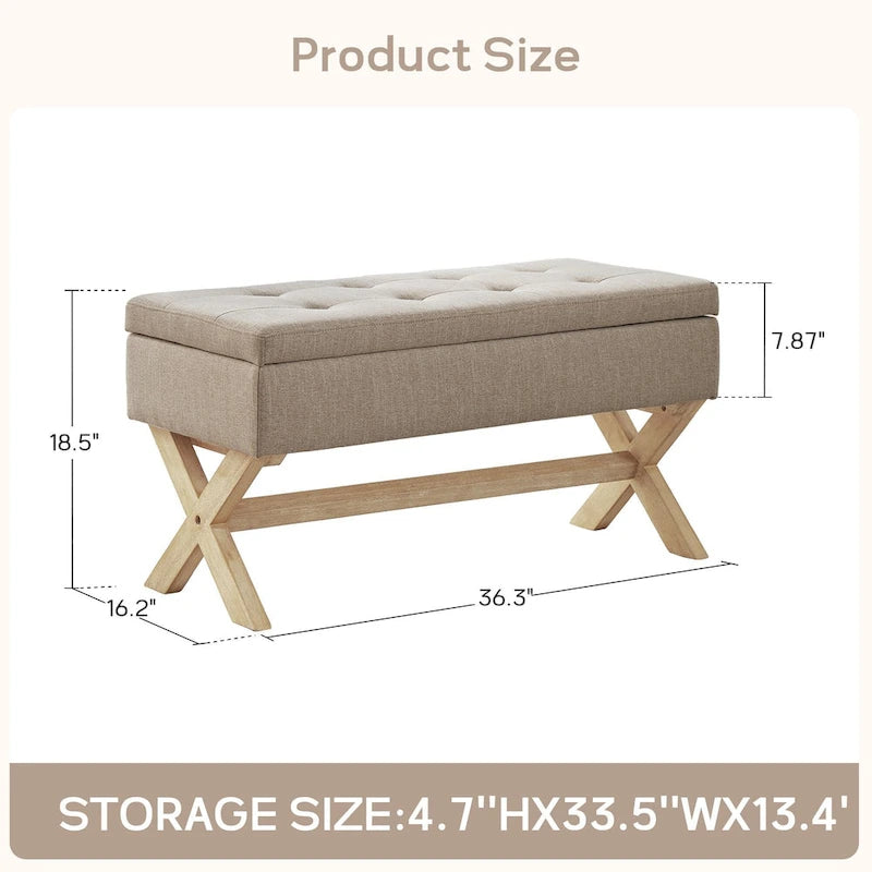 Upholstered Storage Bench with X-Shaped Legs - 36 Inch
