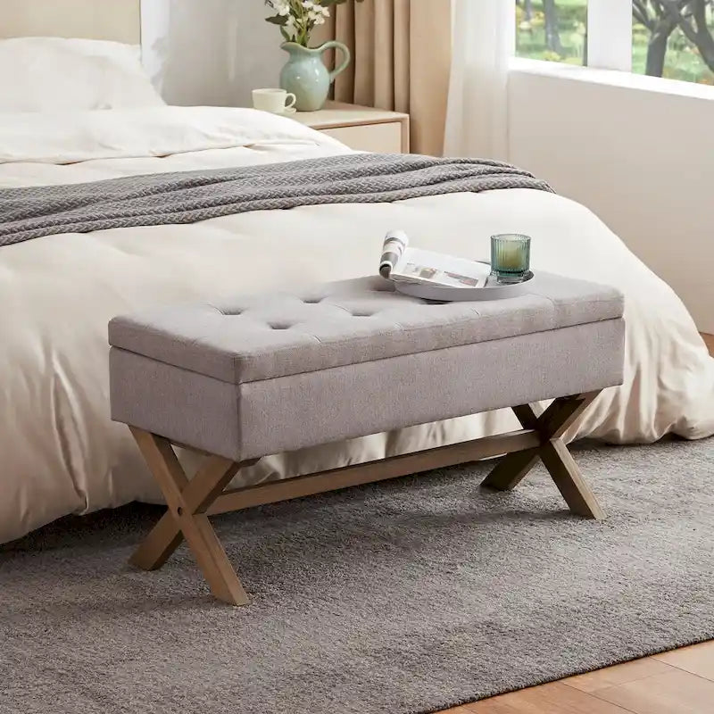 Upholstered Storage Bench with X-Shaped Legs - 36 Inch