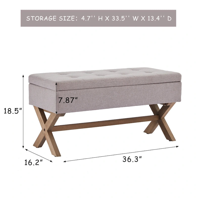 Upholstered Storage Bench with X-Shaped Legs - 36 Inch