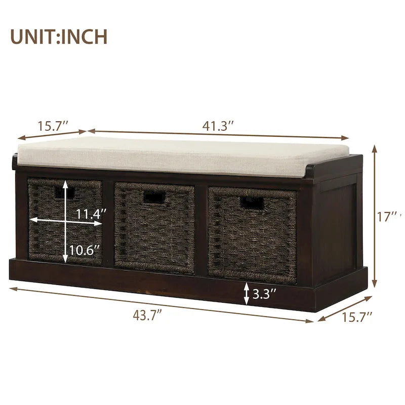 Rustic Storage Bench with 3 Removable Classic Rattan Basket , Entryway Bench with Removable Cushion
