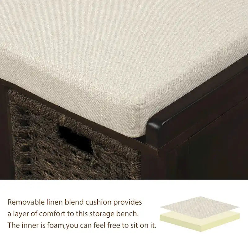 Rustic Storage Bench with 3 Removable Classic Rattan Basket , Entryway Bench with Removable Cushion