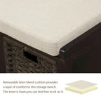 Rustic Storage Bench with 3 Removable Classic Rattan Basket , Entryway Bench with Removable Cushion
