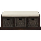 Rustic Storage Bench with 3 Removable Classic Rattan Basket , Entryway Bench with Removable Cushion