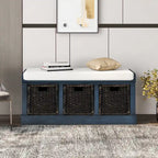 Rustic Storage Bench with 3 Removable Classic Rattan Basket , Entryway Bench with Removable Cushion