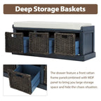 Rustic Storage Bench with 3 Removable Classic Rattan Basket , Entryway Bench with Removable Cushion
